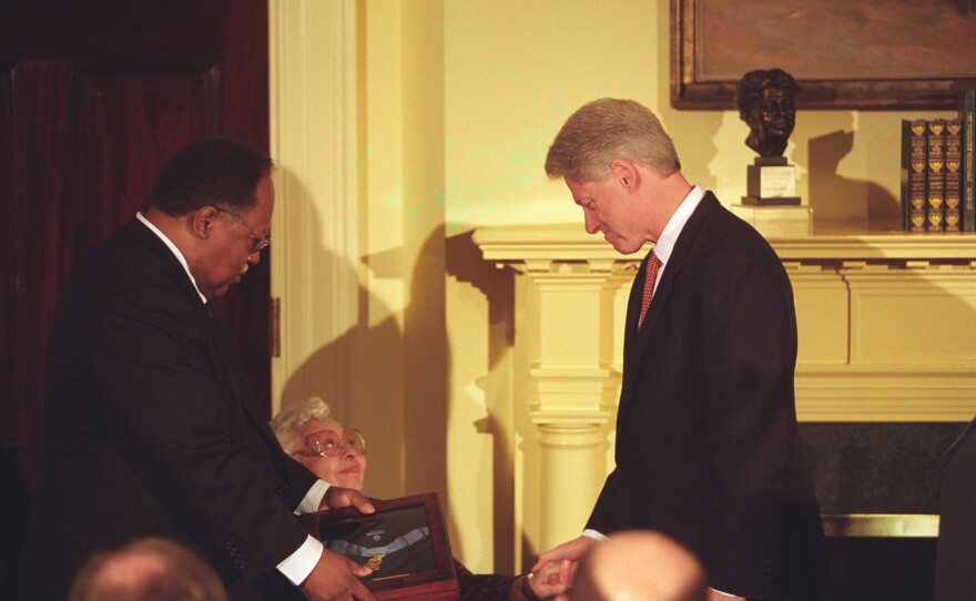 A medal of honor ceremony with President Clinton.