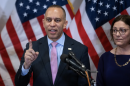 House Minority Leader Hakeem Jeffries, D-N.Y., speaks about Virginia's redistricting vote as Democratic Congressional Campaign Committee Chairman Suzan DelBene, D-Wash., right, looks on, at the Democratic National Committee headquarters in Washington, Wednesday, April 22, 2026. Virginia voters approved a congressional redistricting plan that could help Democrats win up to four additional U.S. House seats in this year's midterm elections.