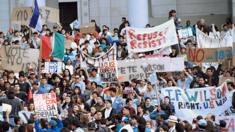 First: Hundreds of protesters gathered at Los Angeles City Hall to demonstrate against the “Save Our State” proposition, Prop. 187 on Nov. 7, 1994.