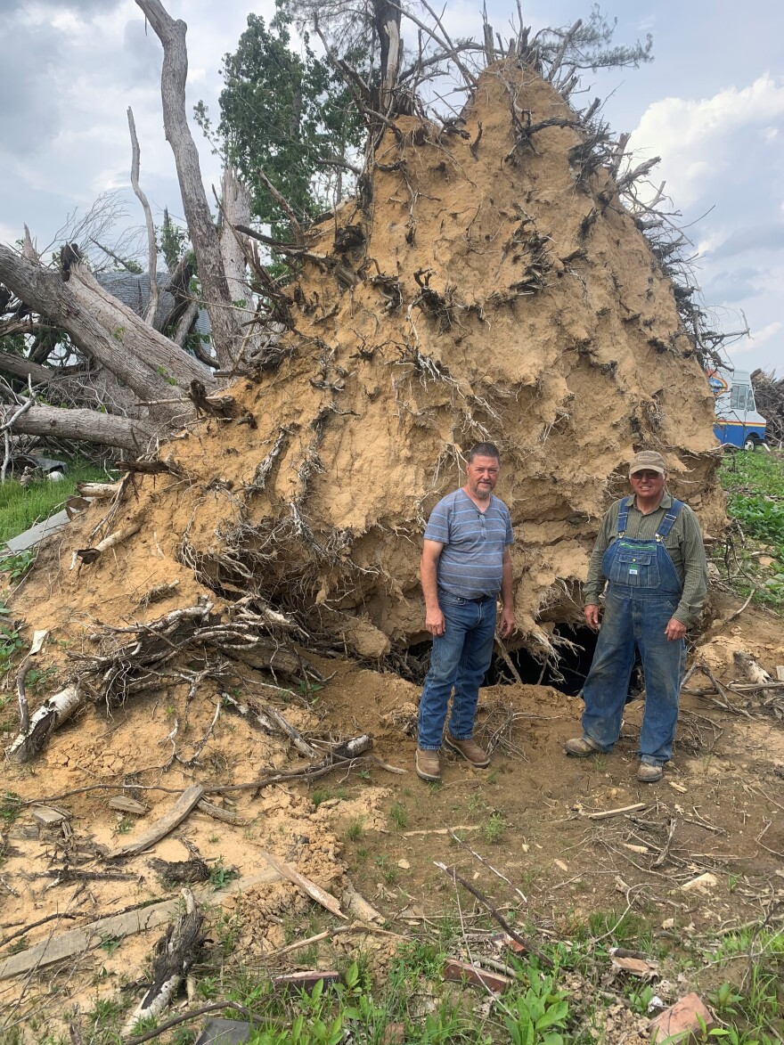 Bremen Mayor Alan Miller (left) stands with farmer Tim Hendrix in front of a massive uprooted tree on Hendrix's family farm.