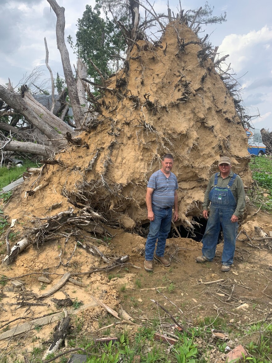 Bremen Mayor Alan Miller (left) stands with farmer Tim Hendrix in front of a massive uprooted tree on Hendrix's family farm.