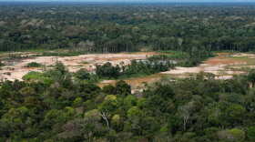 FILE - Deforestation from illegal mining surrounds the Malinowski River in the Tambopata National Reserve in Puerto Maldonado, Peru, Aug. 11, 2026.