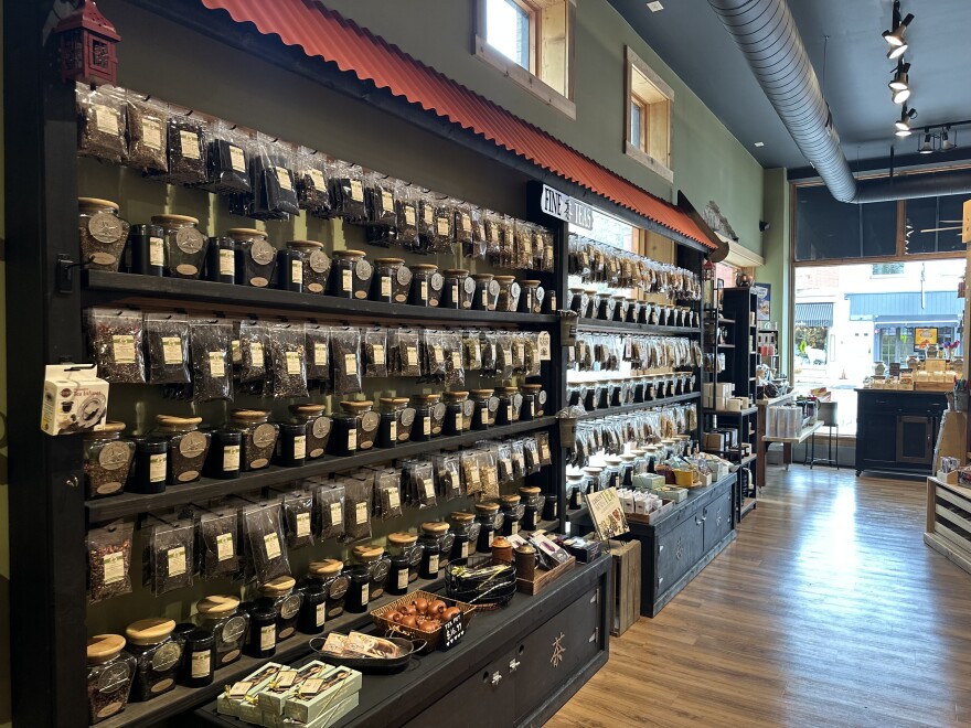 Rows of tea and spices packaged in jars and plastic bags line the shelves inside The Spice and Tea Exchange in Chagrin Falls.