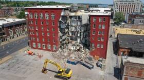 An aerial view shows a portion of a six-story apartment building after yesterday's collapse on May 29, 2023 in Davenport, Iowa. (Scott Olson/Getty Images)