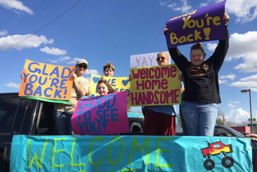 Vivian Salinas, 6, welcomes Ryland Ward home to Sutherland Springs Jan. 11 with her mom, Melissa Salinas (left) brother Evan Salinas, Nikki Bingham and Alexis Bingham.