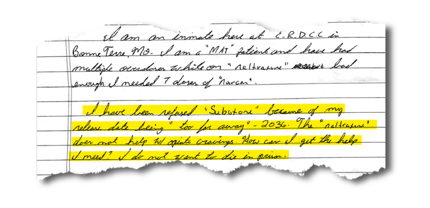 In a letter seeking legal help accessing treatment, a man describes being denied proper treatment for his substance use disorder because of how many years he has left in prison.