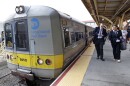 FILE — In this July 19, 2017, file photo, Passengers disembark from a Long Island Rail Road commuter train, in Long Beach, on New York's Long Island. Motorists and mass transit riders in New York already facing fare and toll increases next year and in 2023 could face drastic service cuts if the federal government doesn't help the Metropolitan Transportation Authority out of a gaping budget hole brought on by the COVID-19 pandemic, according to a state comptroller's report released Tuesday, Oct. 13, 2020. (AP Photo/Kathy Willens, FIle)