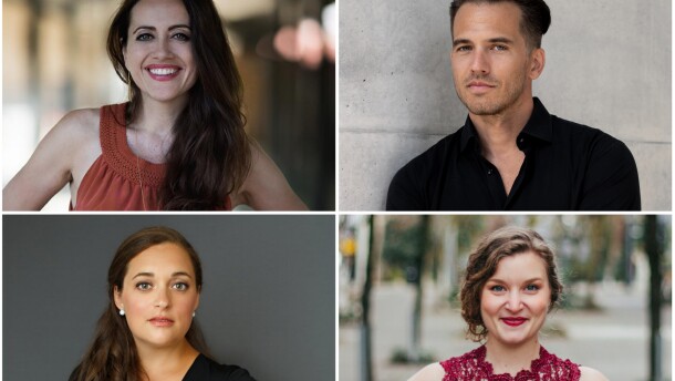 four panels of vocal soloists, clockwise from top left: soprano Amanda Forsythe, bass-baritone Douglas Williams, soprano Danielle Ruetter-Harrah, soprano Teresa Wakim