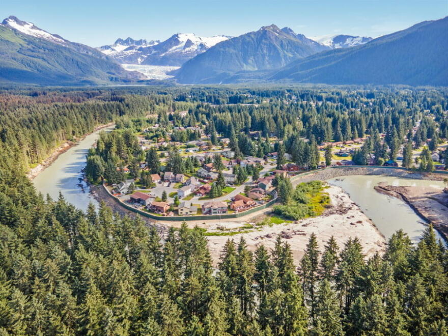 An aerial view of the Mendenhall Glacier and the River girded with flood barriers ahead of this year’s annual flood event. (Courtesy of Sam Hatch)