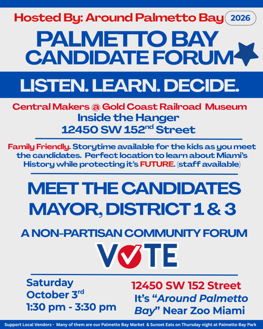 Palmetto Bay voters will have the chance to hear from almost a dozen village candidates running for Mayor, and Council Seats 1 and 3 ahead of the upcoming municipal election on Tuesday, Nov. 3.