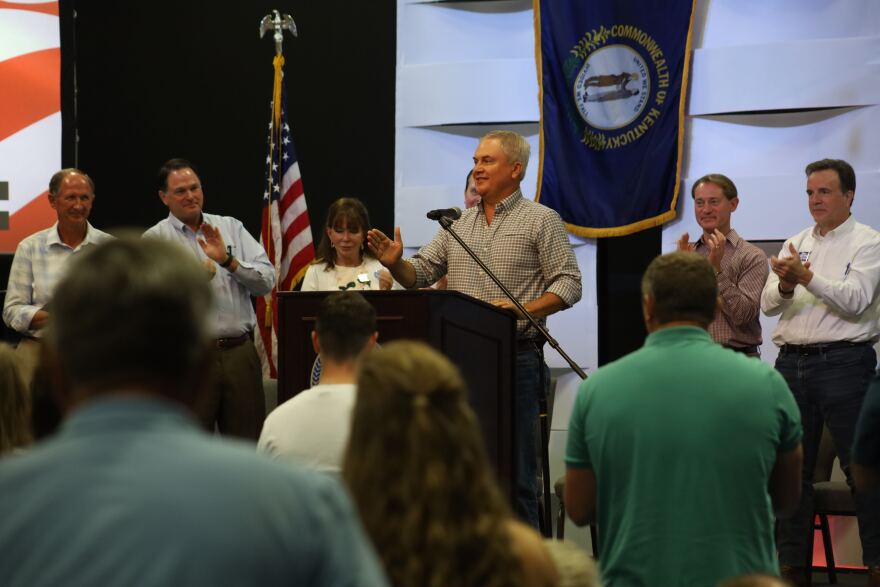 U.S. Congressman James Comer speaks during the Graves County Republican Party's annual breakfast the morning of the Fancy Farm Picnic.