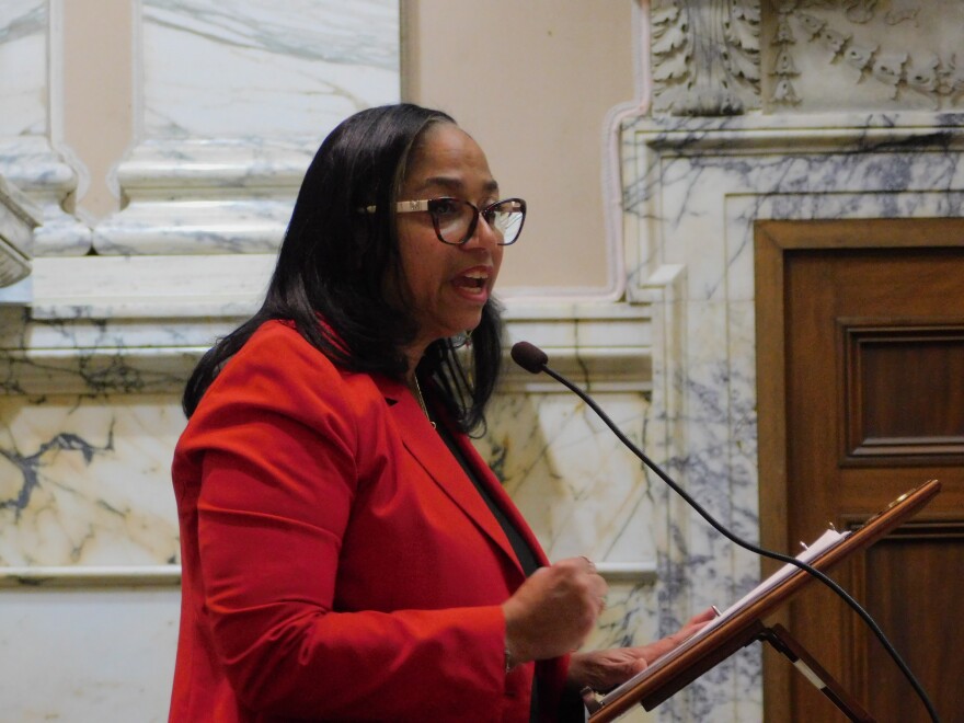 Freshly sworn-in House Speaker Joseline Peña-Melnyk delivers her opening remarks of the 2026 Maryland legislative session on Wednesday, January 14, 2026 at the State House in Annapolis, Md.