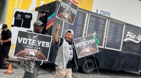 Attendees at the Spurs' Prop. A & B kickoff party in September 2025 are shown leaving at Idle Brewing leave with campaign signs.