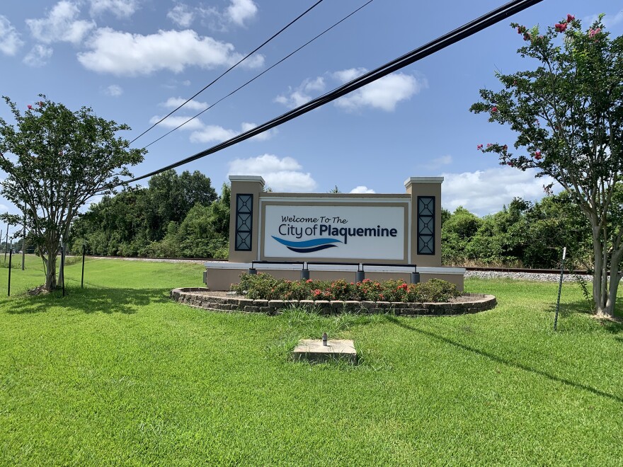 A sign welcomes visitors to Plaquemine, Louisiana on July 19, 2023.