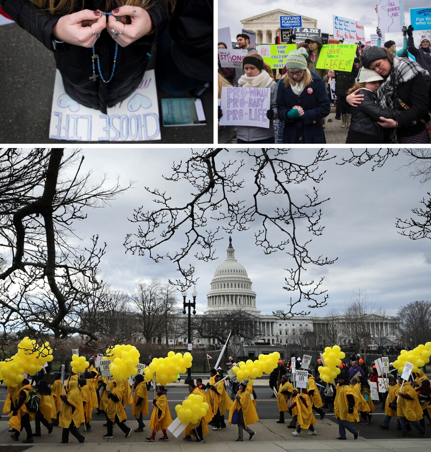 (Top) Abortion rights opponents pray, embrace and demonstrate on the steps of the U.S. Supreme Court. (Bottom) Thousands of abortion rights opponents walk past the U.S. Capitol building during the march.