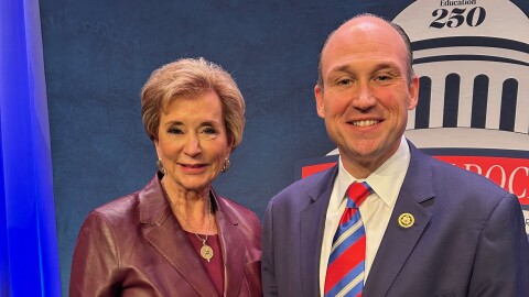 U.S. Education Secretary Linda McMahon (left) and Republican Congressman Nick Langworthy (right) at Elmira High School, January 9, 2026.