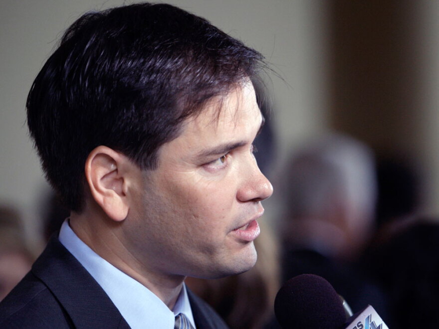 Republican U.S. Senate candidate Marco Rubio is interviewed after a speech in Coral Gables, Fla., in December 2009. A new poll shows Rubio in a virtual dead heat in the race against Florida Gov. Charlie Crist.