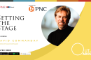 The image features a photo of this episode’s guest: David Commanday, Artistic Director and Conductor of the Heartland Festival Orchestra. The image features an all-capitalized text headline that reads “SETTING THE STAGE” with an underlying smaller text that reads “featuring David Commanday, Heartland Festival Orchestra.” The graphic artwork also features an icon of the podcast’s sponsor PNC Bank in the center with the WCBU and NPR logos in the left-hand corner. In the bottom right-hand corner are icons of the various podcast platforms where the Out and About podcast can be streamed/downloaded. In the bottom left-hand corner is Out and About spelled out in large, white graphic letters. 