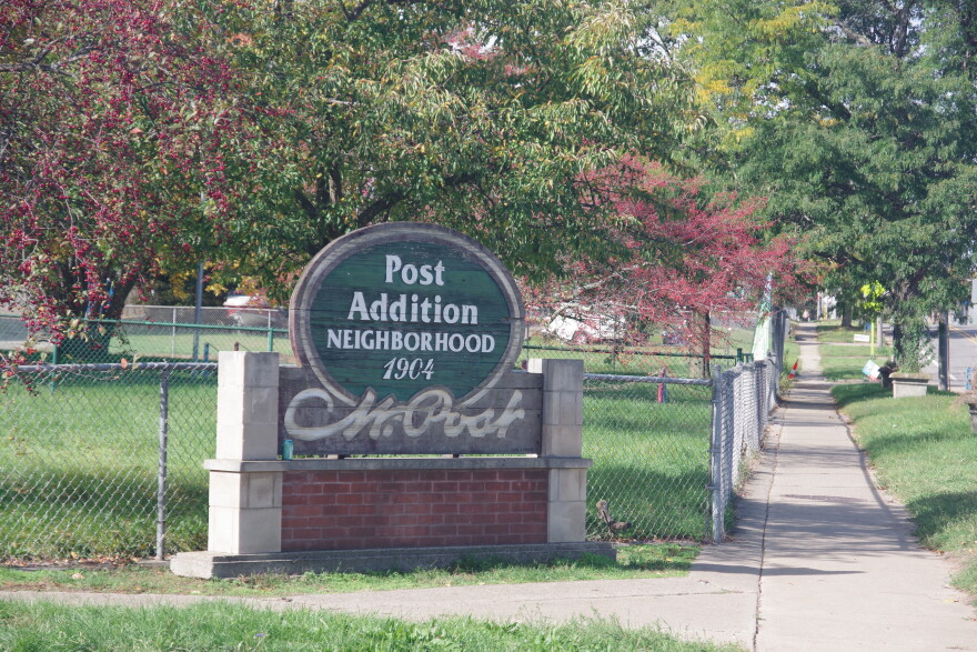 A sign for the Post Addition Neighborhood in Battle Creek, right across the road from the Post's only cereal plant in the city.