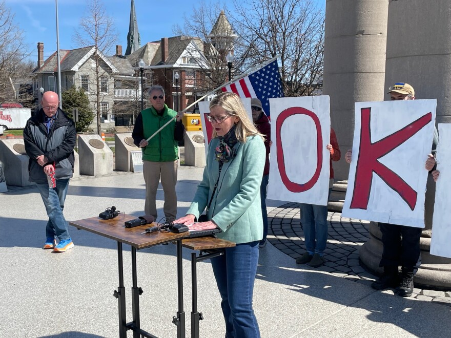 Indivisible Evansville President Wendy Bredhold speaks to the news media about "No Kings 3" at the Four Freedoms Monument, Mar. 23, 2026