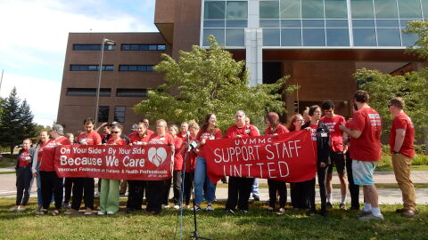 Members of the Vermont Federation of Nurses and Health Professionals protest layoffs at the University of Vermont Health Network