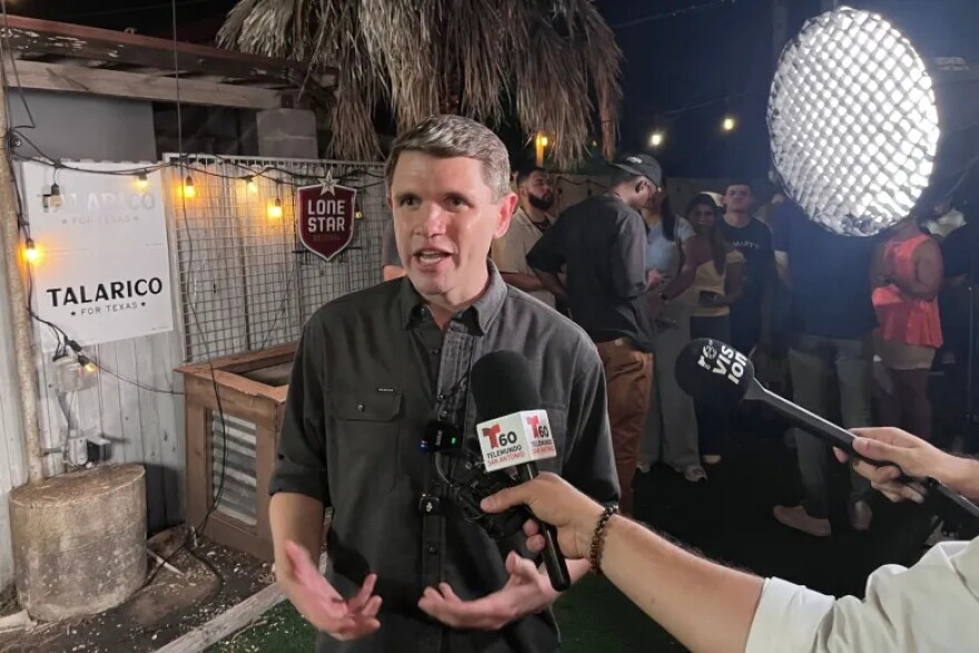 Democratic U.S. Senate candidate James Talarico speaks to reporters at Backyard on Broadway Tuesday night.