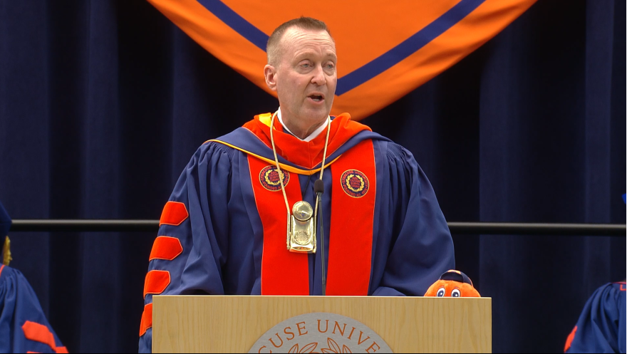 SU Chancellor delivers remarks at his investiture ceremony Friday in the JMA Wireless Dome.