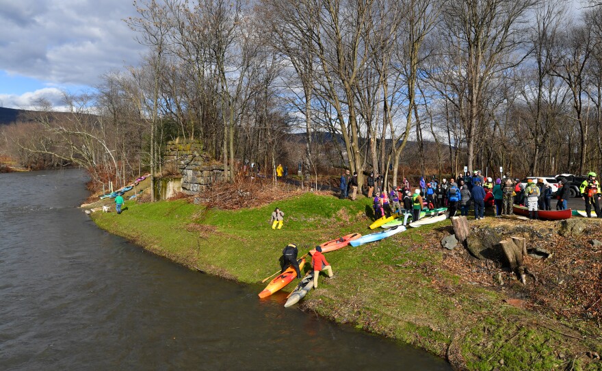 Paddlers line up at the Parker Street Landing to launch into the Lackawanna River during the LRCA's annual ShiverFest on Saturday, Jan. 13.