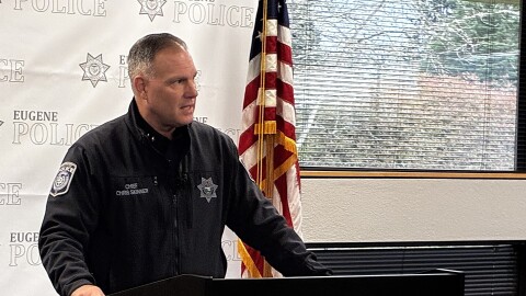 Eugene Police Chief Chris Skinner speaks at a press conference in Eugene, Sept. 9, 2025.