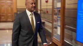 Attorney General Curtis Hill walks into the Indiana Supreme Court courtroom during the second day of his attorney disciplinary hearing, Oct. 22, 2019.