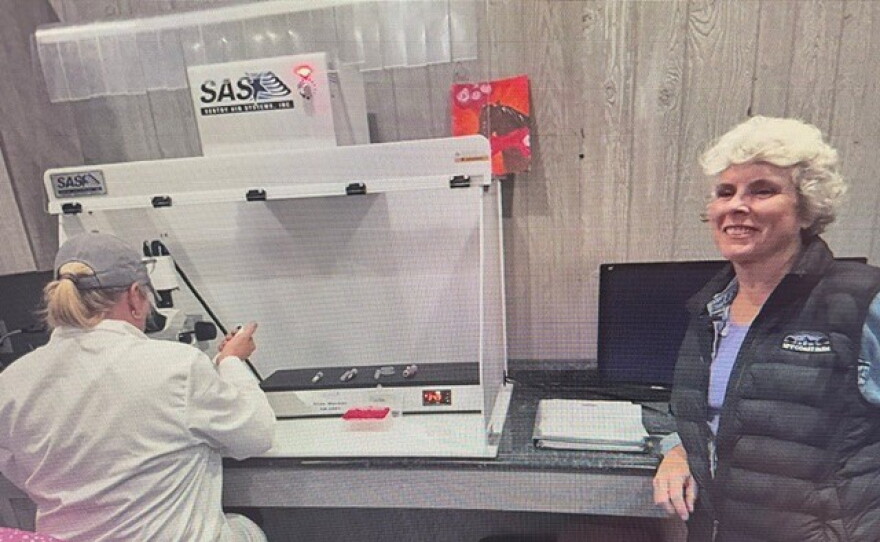 Lisa Lourie with Dr. Maria Schnobrich in the lab at Spy Coast Farm.