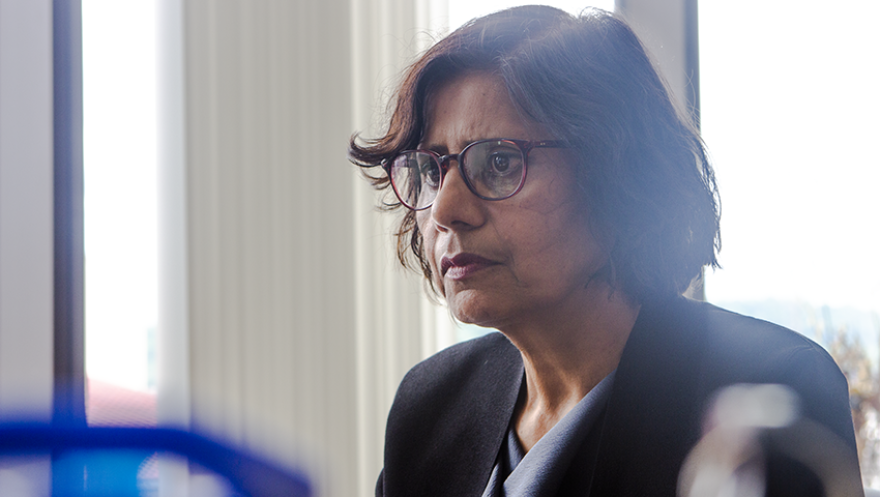 Dr. Indu Gupta, Onondaga County health commissioner through June 2022, works on her computer in her office, June 23, 2022.