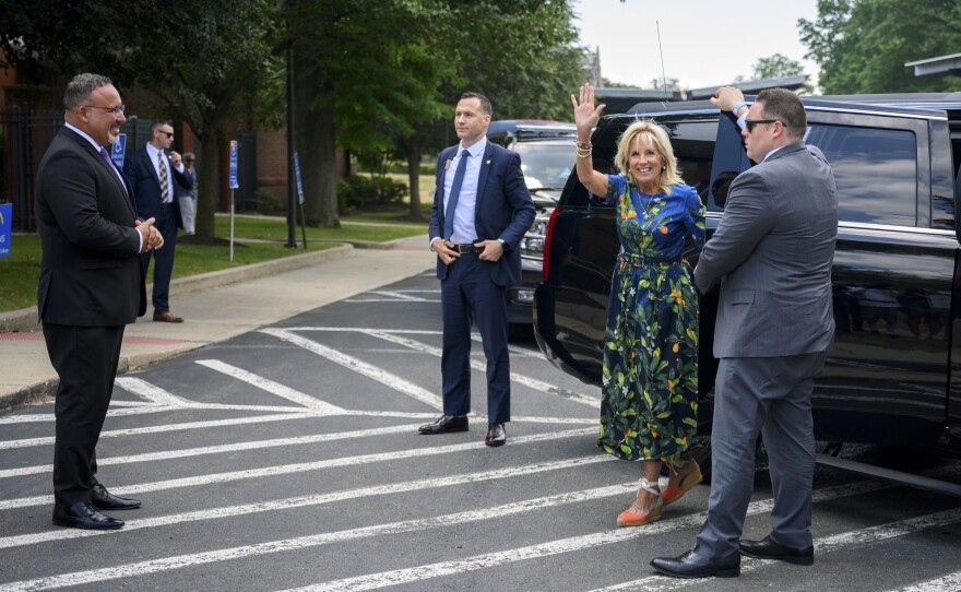 First lady Jill Biden’s motorcade arrives at Albertus Magnus College in New Haven where she visited a summer learning program during a three-state tour with U.S. Education Secretary Miguel Cardona intended to highlight how President Joe Biden's American Rescue Plan is helping students catch up on learning after the pandemic.
