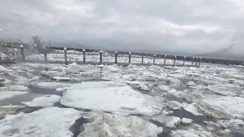 Ice sits in False Pass winter 202