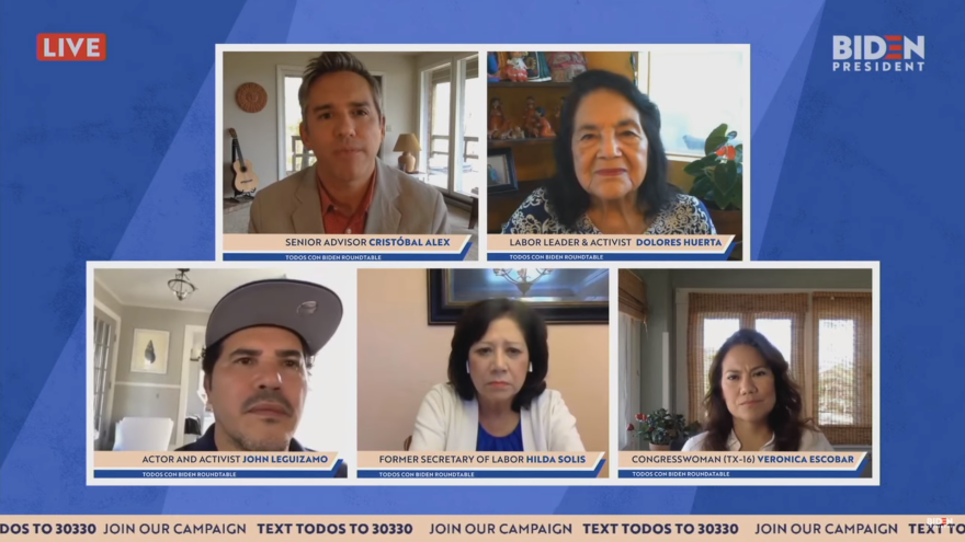 A screen capture from a "Todos con Biden" virtual event features Biden senior advisor Cristóbal Alex, labor activist Dolores Huerta, actor John Leguizamo, former Labor Secretary Hilda Solis and U.S. Rep. Veronica Escobar, D-Texas.