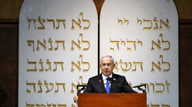 Israeli Prime Minister Benjamin Netanyahu speaks during a memorial service for former U.S. Sen. Joseph Lieberman, D-Ct., Wednesday, July 24, 2024, at the Washington Hebrew Congregation, in Washington, DC.