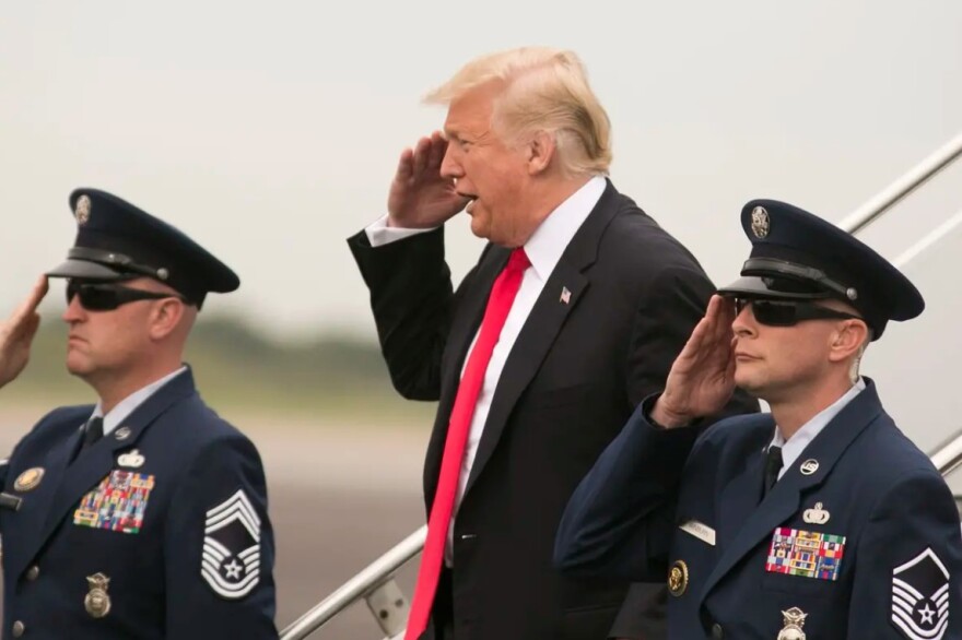 President Donald Trump arrives at Ellington Field Joint Reserve Base in Houston on Oct. 22, 2018. 