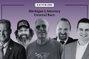 An “Election 2026” graphic headlined “Michigan’s Attorney General Race” on a purple gradient background. Five black-and-white candidate photos are arranged in a row: from left, an older man in a suit and tie; a man with long hair and a beard wearing a trucker hat that reads “Tread on Them”; an older man with glasses and a casual t-shirt; a man in a suit with a beard; and a younger clean-cut man in a blazer.