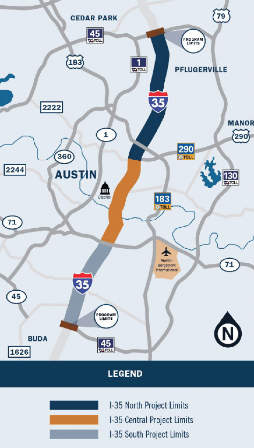 A map showing the limits of each I-35 Capital Express Project. The south project runs from SH45E to Ben White Boulevard. The central project runs from Ben White to U.S. 290 East. The north project runs from 290 East to SH45W.