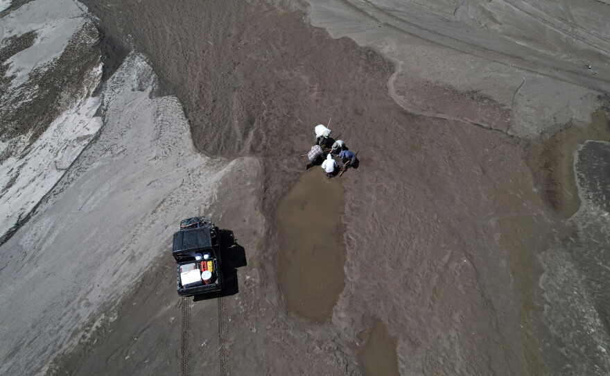 Fish biologists work to rescue the endangered Rio Grande silvery minnows from pools of water in the dry Rio Grande riverbed Tuesday, July 26, 2022, in Albuquerque, N.M. Years of drought, scorching temperatures and an unpredictable monsoon season are zapping what's left of its habitat, leaving officials with little recourse but to hope for rain. (AP Photo/Brittany Peterson)