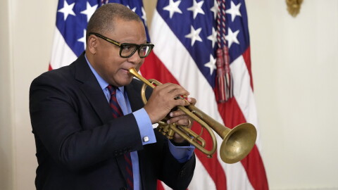 Wynton Marsalis performs with the Harlem School of the Arts All Stars, during an event with first lady Jill Biden and former Secretary of State Hillary Clinton to celebrate the 2023 Praemium Imperiale Laureates, a global arts prize awarded annually by the Japan Art Association for lifetime achievement in the arts, in the East Room of the White House, Tuesday, Sept. 12, 2023, in Washington. (AP Photo/Alex Brandon)