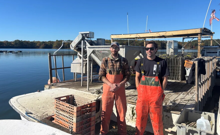 Kit Gallagher (right) operates Little Bay Beauties oyster farm. He is pictured with his brother, Aidan Gallagher, working at the farm on Monday, Oct. 19, 2026. (Portsmouth Herald photo)