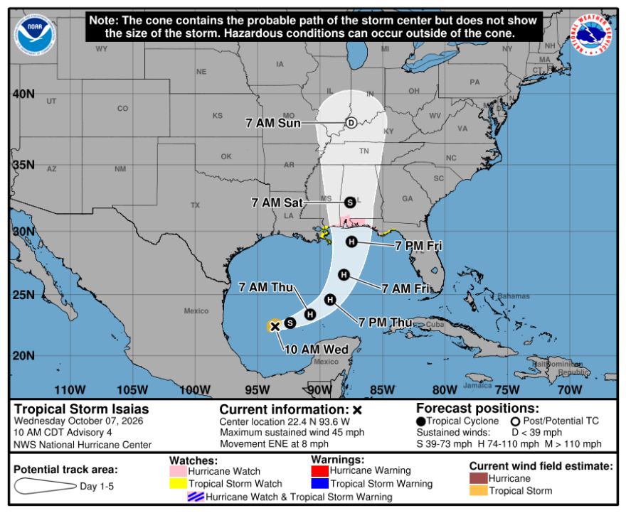 The watches and warnings forecast cone for Tropical Storm Isaias as of 10 a.m. on Wednesday, Oct. 7, 2026.