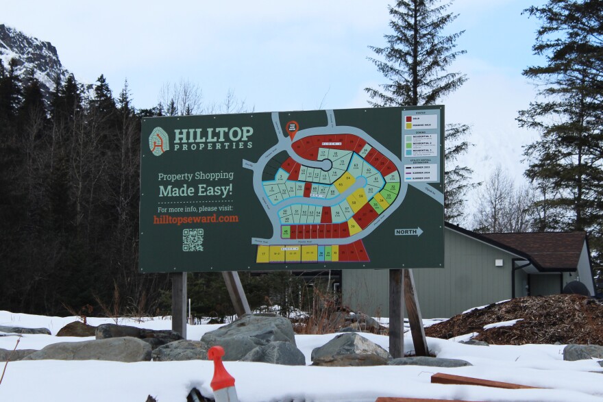 A sign shows a map of Hilltop Properties parcels on Saturday, Mar. 22, 2025 in Seward, Alaska.
