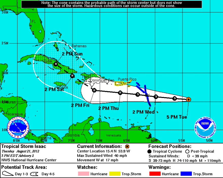 The National Hurricane Center's five-day forecast of Tropical Storm Isaac.