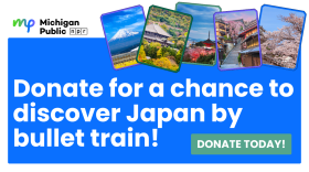 graphic with images of scenery in Japan with text that says "enter to win a trip to japan by bullet train"