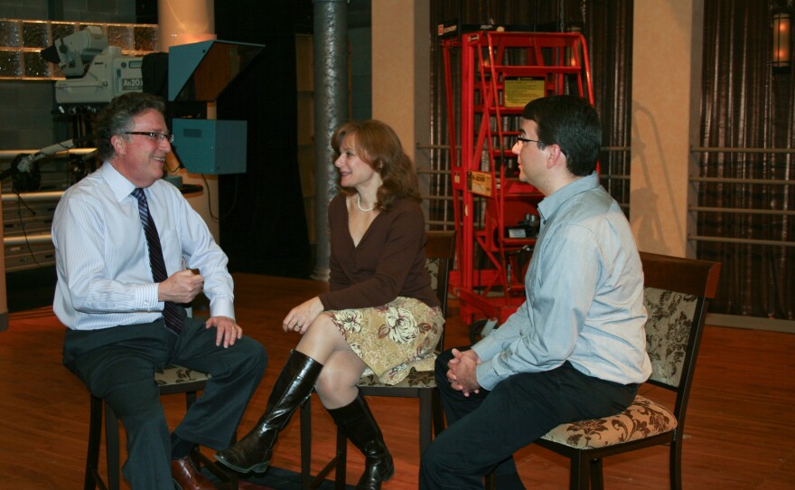 From left, WXXI President Norm Silverstein, then-Television Vice President Elissa Orlando and then-Executive Producer Todd McCammon on set in 2011.
