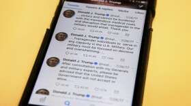 President Trump's tweeter feed is photographed on a mobile phone in Washington, Thursday, Aug. 3, 2017.  Trump’s tweets declaring transgender individuals unwelcome in his military has plunged the Pentagon into a legal and moral quagmire, seeing off a flurry of meetings to devise a new policy that could lead to hundreds of service members being discharged. (J. David Ake/AP)
