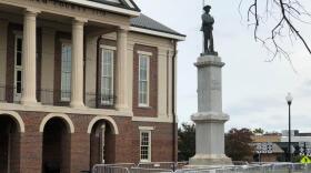 File photo of the Confederate monument outside the historic Chatham County courthouse, which crews removed this morning. The statue has stood there since 1907. By dawn, even the base was gone.