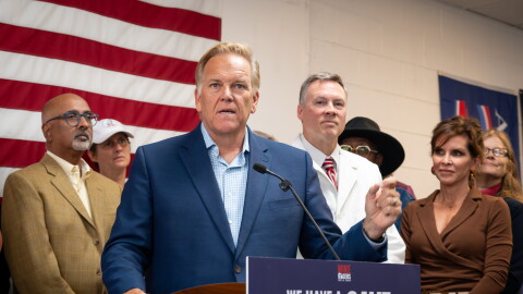Michigan U.S. Senate candidate Mike Rogers speaks to reporters at a campaign office in Taylor, Michigan on Saturday, September 19.